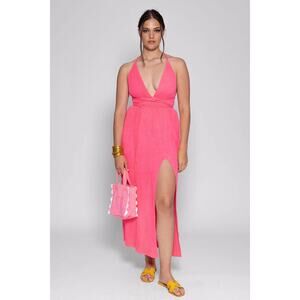 Sundress Sybille Cotton Gauze V-Neck Midi Dress Neon Pink Women's Size Small